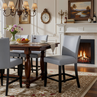 Sunvega Counter Height Upholstered PU Chair Set with Footrest and Chrome Nailhead Trim