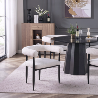 Sunvega Notting Cream Boucle Upholstered Dining Arm Chairs with Black Legs