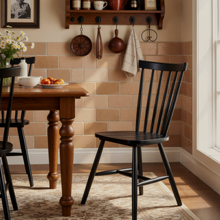 Sunvega Black Wood Dining Side Chair with Contoured Seat and Spindle Back