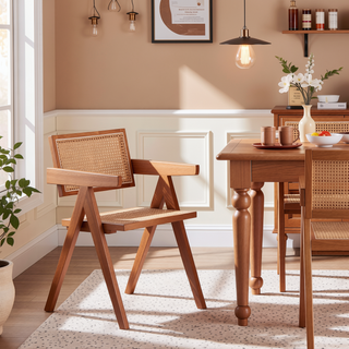 Sunvega Modern Natural Cane Armchair with Square Backrest for Dining Room