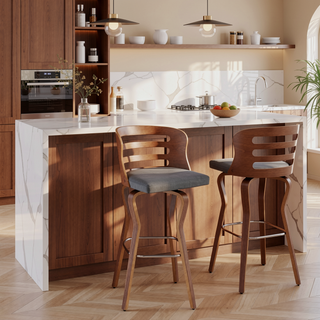 Sunvega 30-Inch Swivel Gray Faux Leather and Walnut Wood Bar Stool