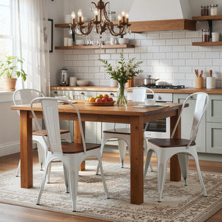 Sunvega High Gloss White Industrial Metal Dining Chairs with Walnut Wooden Seat Set of 4