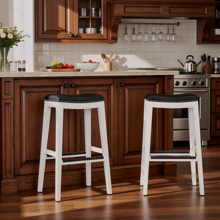 Sunvega Natural Finish Saddle Leather Seat Counter Stool with Footrest and Nail Head Trim
