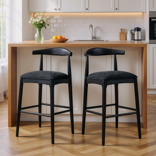 Sunvega Mid-Century Inspired Rubberwood Bar Stool Set with Comfy Fabric Upholstered Seat
