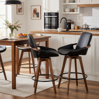 Sunvega Mid-Century Modern Counter Stool with Faux Leather Seat and Walnut Legs