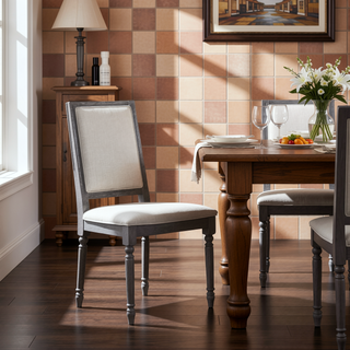 Sunvega Weathered Gray Finish Wooden Frame Cream Linen Upholstered Dining Side Chairs