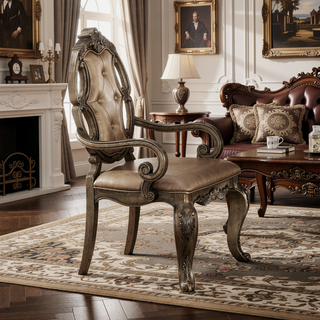 Sunvega Vintage Oak Tufted Arm Chair with Padded Seat and Scrolled Crown Molding