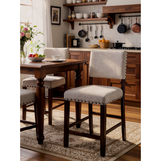 Sunvega Ivory Upholstered Padded Linen Dining Chairs with Nailhead Trim Set of 2