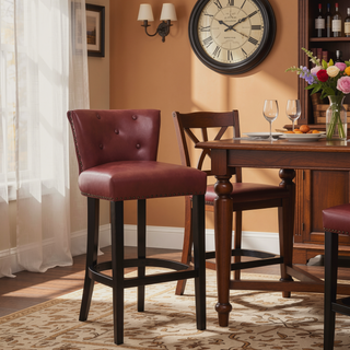 Sunvega Brown Wooden Bar Stools with Cow Top Leather Upholstered Seat and Backs
