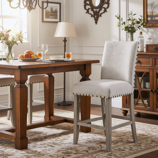 Sunvega White Fabric Finish Bar Stool with Nailhead Trim in Transitional Style