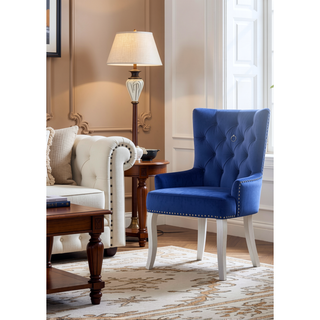 Sunvega Blue Velvet Dining Chair with Tufted Back and Platinum Wooden Legs