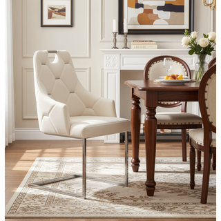 Sunvega White Faux Leather Dining Chairs Set of 2 with Gold Mesh Texture and Chrome Handle
