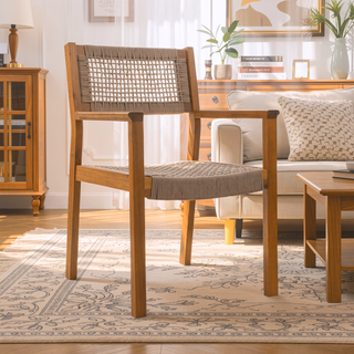 Sunvega Teak and Light Brown Rope Braided Dining Chair Set of 2