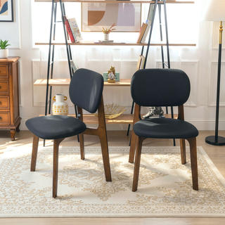 Sunvega Mid-Century Modern Black Vegan Leather Dining Chairs with Walnut Base Set of 2