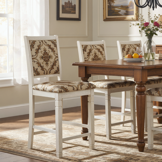 Sunvega Antique White Finish Wooden Counter Height Chairs with Textured Fabric Upholstery