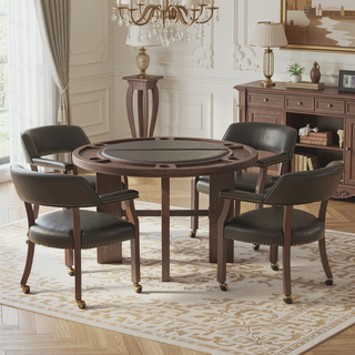 Sunvega Walnut Game Dining Chair with Black Faux Leather and Nailhead Trim