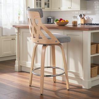Sunvega Mid-Century Modern Natural Wood Lattice Back Counter Stool with Grey Fabric