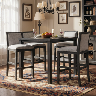 Sunvega Retro Bar Stools Set of 2 with Grey Fabric Sponge Cushion and Black Distressed Rubberwood Frame