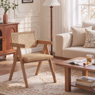 Sunvega Beige and Natural Rattan Arm Chair Set of 2 with Wood Legs
