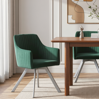 Sunvega Green Velvet Upholstered Swivel Chair with Channel Tufted Back and Chrome Legs