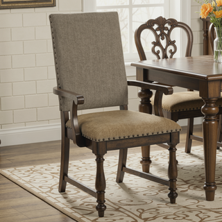Sunvega Traditional Brown Wooden Dining Chairs with Beige Textured Fabric Upholstery