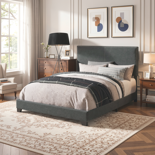 Sunvega Full Bed with Nailhead Trim and Solid Wood Legs in Modern Black Finish