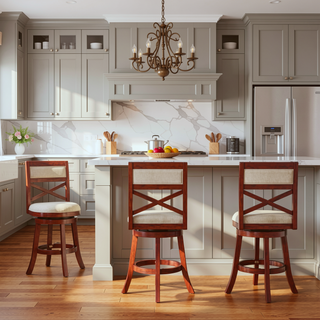 Sunvega 24 Inch Counter Height X-Back Swivel Stool with Beige Fabric Seat and Cherry Finish
