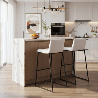 Sunvega Contemporary Black Steel and White Faux Leather Barstools with Footrest Set of 2