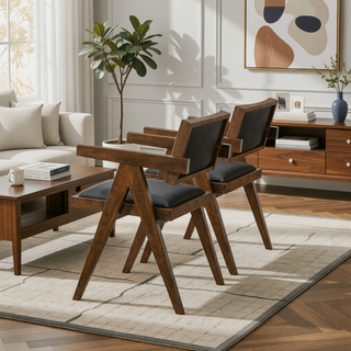 Sunvega Mid-Century Modern Dining Chair Set of 2 with Black Vegan Leather Upholstery