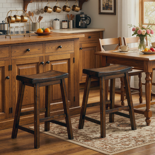 Sunvega Black Finish Bar Height Solid Wood Saddle Seat Stools Set of 2