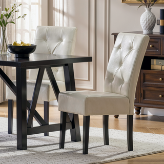 Sunvega Espresso Stained Legs Ivory Bonded Leather Button Tufted Dining Chairs