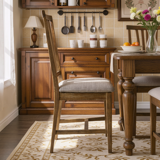Sunvega Weathered Oak Slat Back Side Chairs with Tan Linen Upholstered Seat Cushions