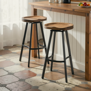 Sunvega Antique Styled Swivel Barstools with Pinewood Seat and Iron Frame