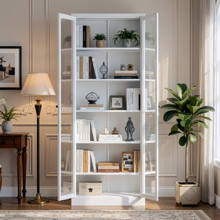 Sunvega Modern Kitchen Pantry Cabinet with Glass Doors and Adjustable Shelves for Living Room
