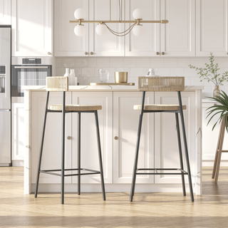 Sunvega Hand Woven Paper Rope Bar Stools with Backrest and Footrest for Kitchen Island