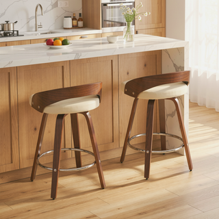 Sunvega Mid-Century Modern Swivel Bar Stools with Soft Cushion Seat and Walnut Finish