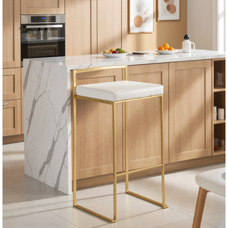 Sunvega Gold and White Faux Leather Upholstered Fixed Bar Height Barstool Set