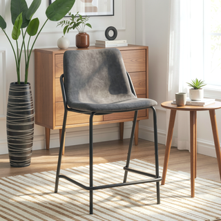 Sunvega Black Frame Grey Leatherette Counter Height Stools with Footrest Set of 2
