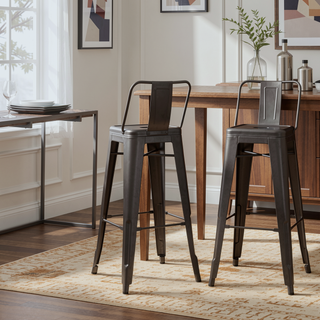 Sunvega Industrial Metal Bar Stool Set of 2 with Curved Back and Foot Rest