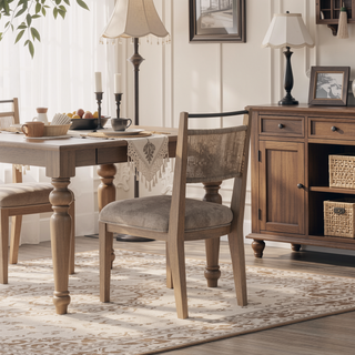 Sunvega Toffee Wood Finish Rope Back Chairs with Camel Upholstered Seats Set of 2