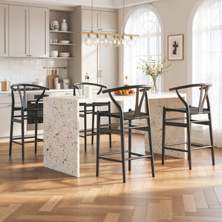 Sunvega Mid-Century Wishbone Barstool with Woven Papercord Seat Fully Assembled Walnut