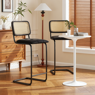 Sunvega Cantilever Rattan Back PU Leather Bar Stools Set of 2 for Kitchen