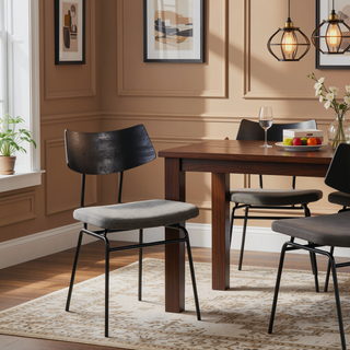 Sunvega Mid-Century Modern Black Metal and Dark Grey Faux Leather Dining Chairs
