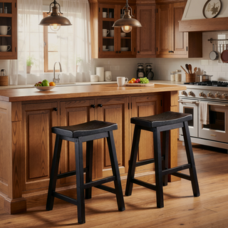 Sunvega Black Finish Bar Height Solid Wood Saddle Seat Stools Set of 2