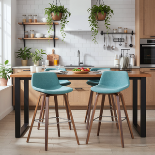 Sunvega Mid Century Modern Bentwood Counter Bar Stools with Aqua Blue Fabric Set of 2