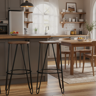 Sunvega Industrial Counter Height Stool with Solid Elmwood Seat and Hairpin Legs