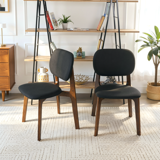 Sunvega Mid-Century Modern Black Vegan Leather Dining Chairs with Walnut Base Set of 2