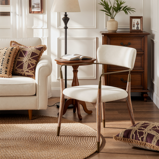 Sunvega Contemporary Whitewashed Wood and Cream Fabric Dining Chairs with Copper Accents