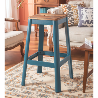 Sunvega Natural & Teal Finish Wooden Stationary Bar Stool with Metal Legs