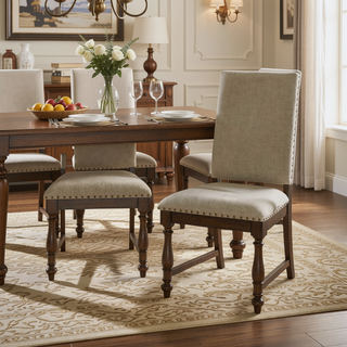 Sunvega Traditional Brown Wooden Dining Chairs with Beige Textured Fabric Upholstery